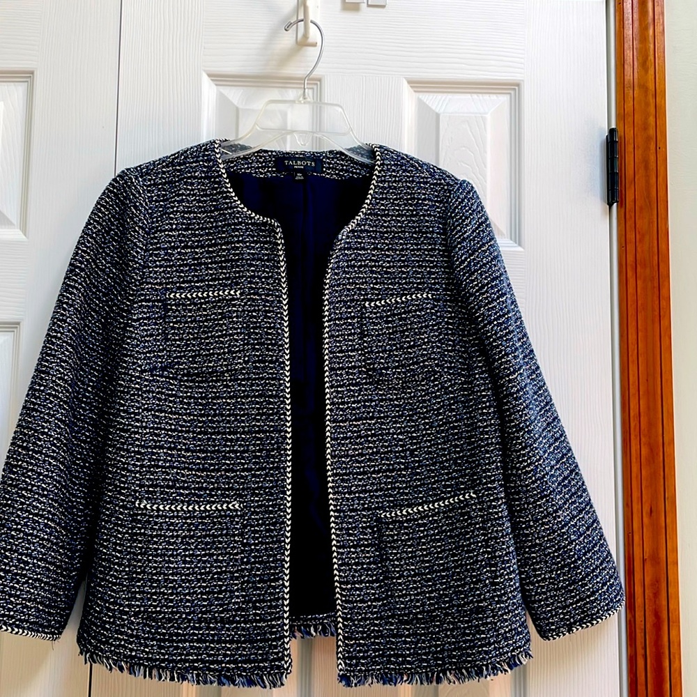 Talbot’s woven tweed ladies open front jacket, NWOT, blue, size 10 Petite